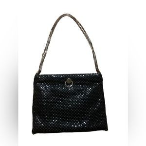 Vintage Look Purse Clutch Black Metal Mesh Double Chain Strap Hinged Opening